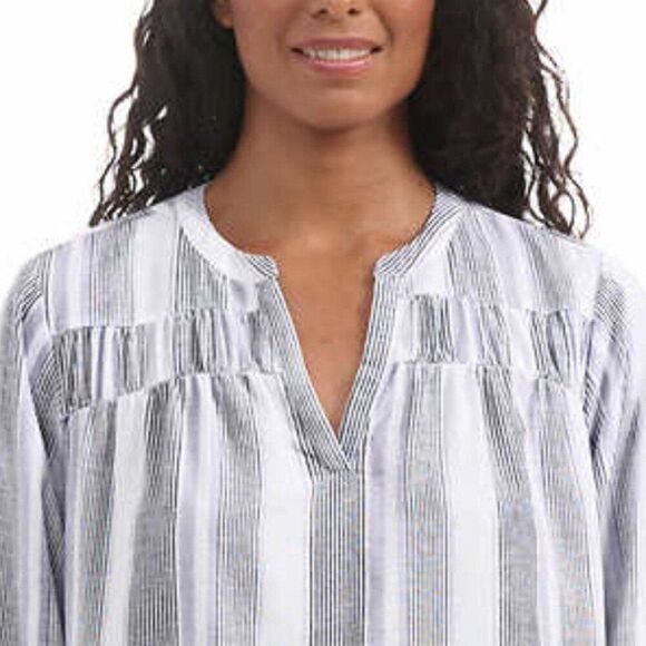 SPLENDID Linen Blend V-Neck Blouse Size M Grey Purple White Strip Top Shirt NWT - Picture 2 of 12